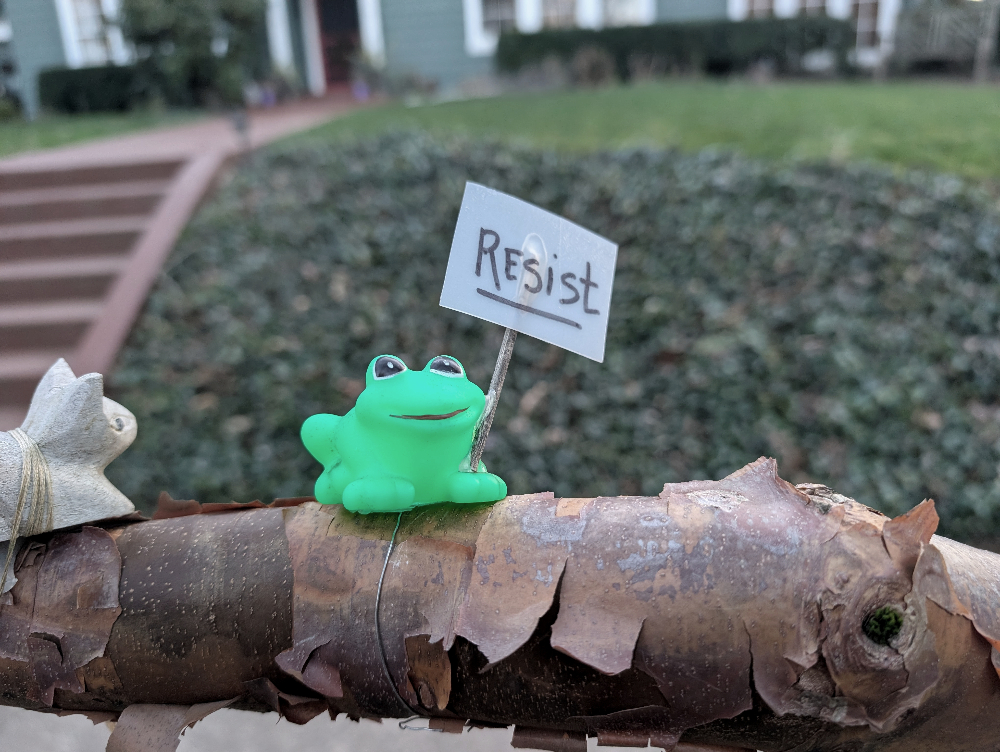 A small frog toy on a tree branch, holding a sign that says, "Resist."