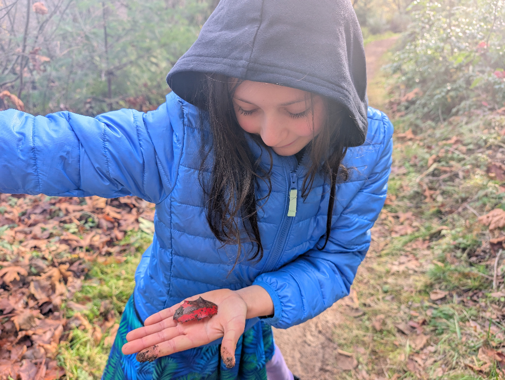 A kid posing with a red leaf they found on a trail.